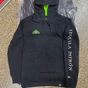 New Era black and green fleece hoodie with Patron Tequila logos